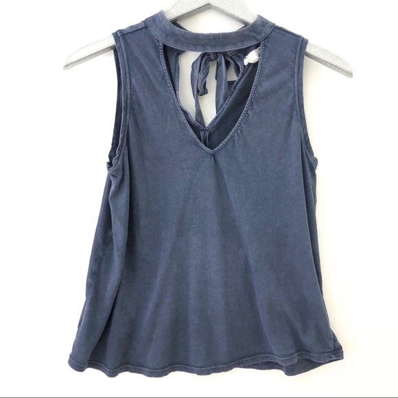 Lou & Grey Navy Keyhole Cutout Tie Neck Tank Top - Picture 1 of 8